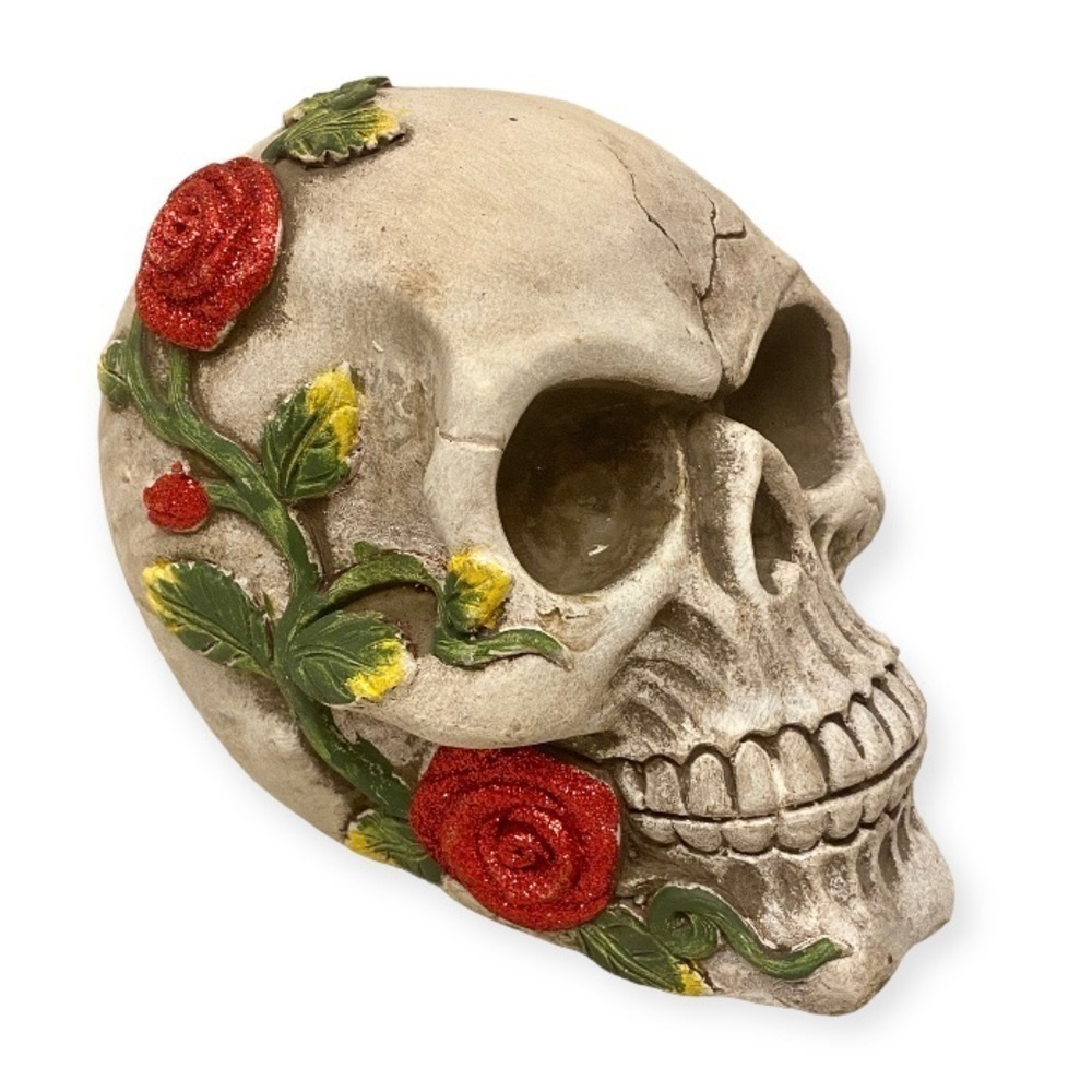 Skull With Roses Figurine Day Of The Dead Sugar Skull Glitter Flowers Decor - Picture 1 of 11